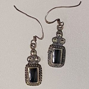 Sterling Back Onyx Marcasite Earrings Vintage Cha… - image 1